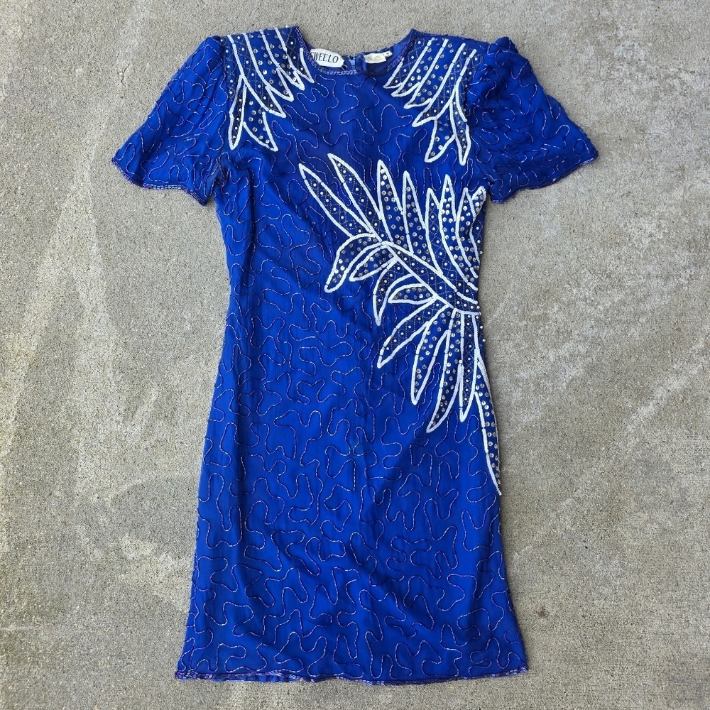 Vintage SWEELO Silk Beaded Blue Cocktail Dress 80s Art Deco Sheath M - Picture 16 of 16